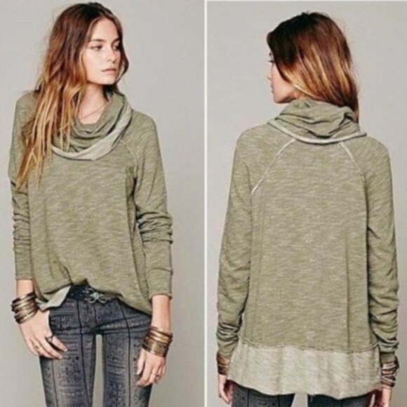 Free People Beach Two Body Green Cowl Neck Cocoon Pullover Top M/L - Picture 1 of 7